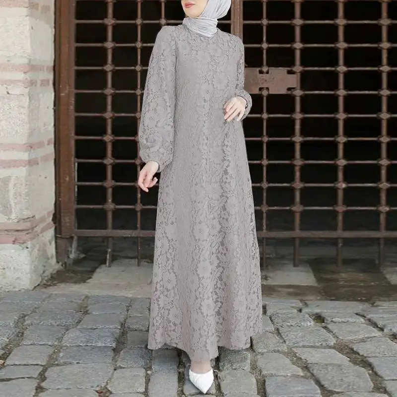 Zanzea Vrouwen O Hals Lange Mouw Sundess Mode Moslim Kaftan Kant Bloemen Maxi Jurk Abaya Marokko Lange Maxi Jurk Casual gewaad