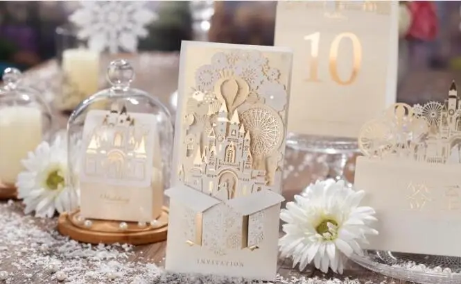 Unique 3D Laser Castle Wedding Invitations Cards laser cut 2016 Cheap Personalized wedding Invitation Card Designs