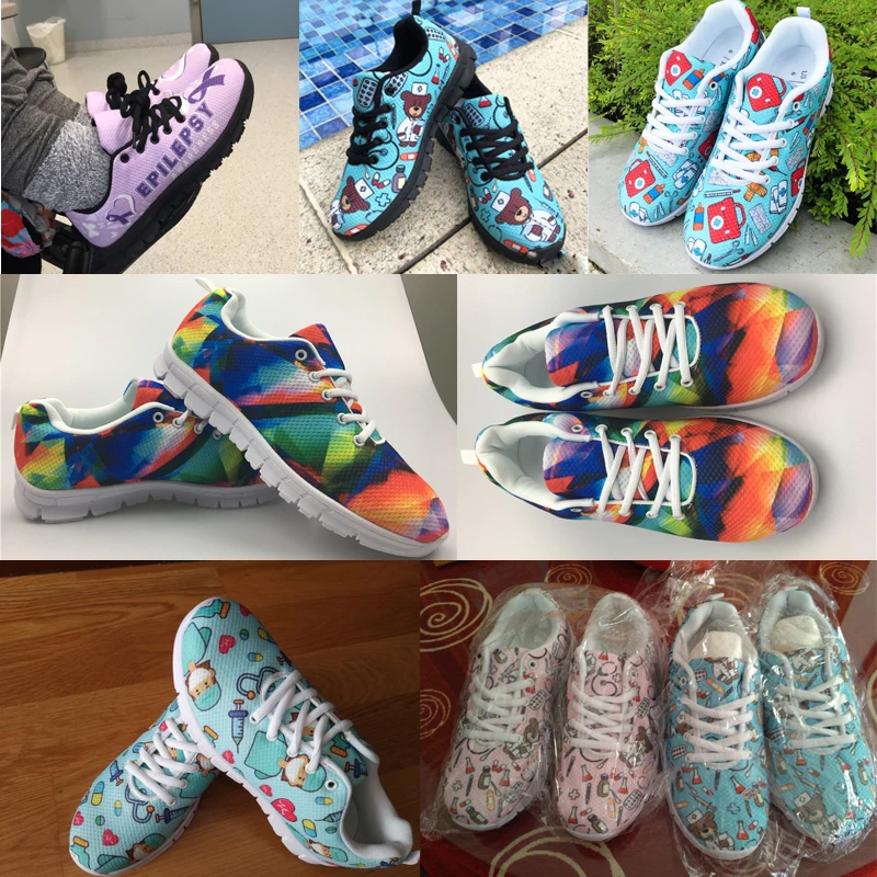 INSTANTARTS Cartoon Nurse Shoes for Womens Medical Surgical Brand Design Breathable Sneakers Lace Up Flats Shoes Zapatos Mujer