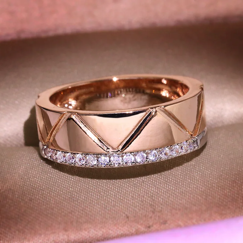 2021 NEW Trend Tow Tone Color Rose Gold Geometric Ring for Women Zircon S925 Silver Wedding Party Engagement Gift Jewelry