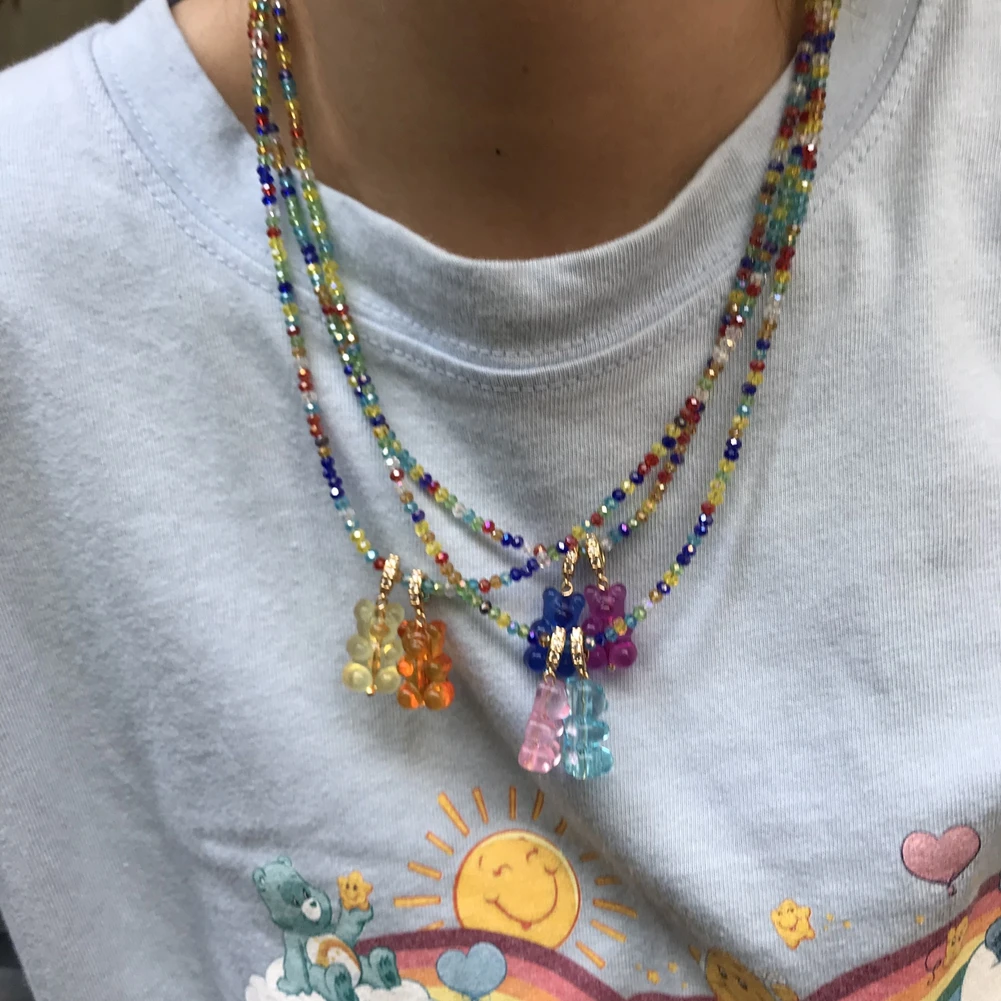 Boho Shiny Colorful Glass Beads Stone Beaded Necklace Resin Gummy Bear Zircon Pendant String Beads Choker Necklaces Women Jewely