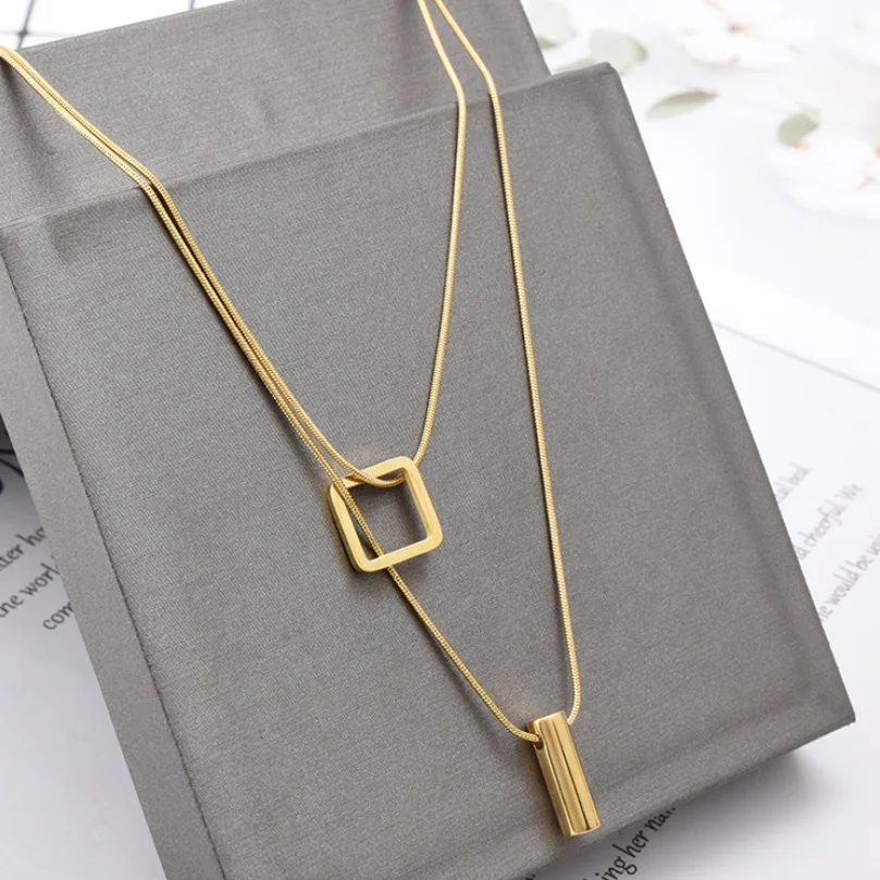 316L Stainless Steel Square Cylinder Pendant Double Layer Snake Bone Chain Choker Necklace For Women Fashion Fine Jewelry N848