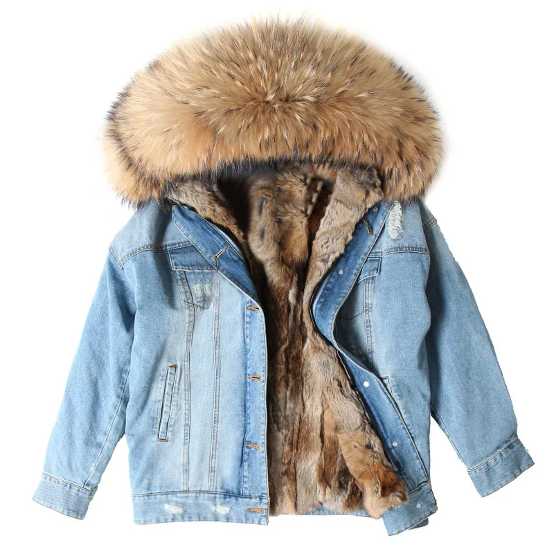 

2020MMK Winter warm denim jacket, large fur collar made of real fox fur, loose, stylish, warm and detachable lini rabbit fur jac