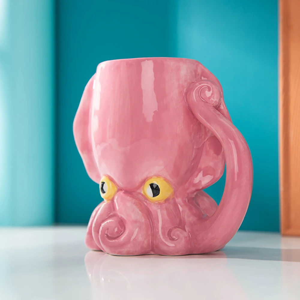 Funny Pink Octopus Ceramic Coffee Mug with Tentacle Handle Handcrafted Novelty 3D Coffee Cups Unique Birthday Gift for Friends