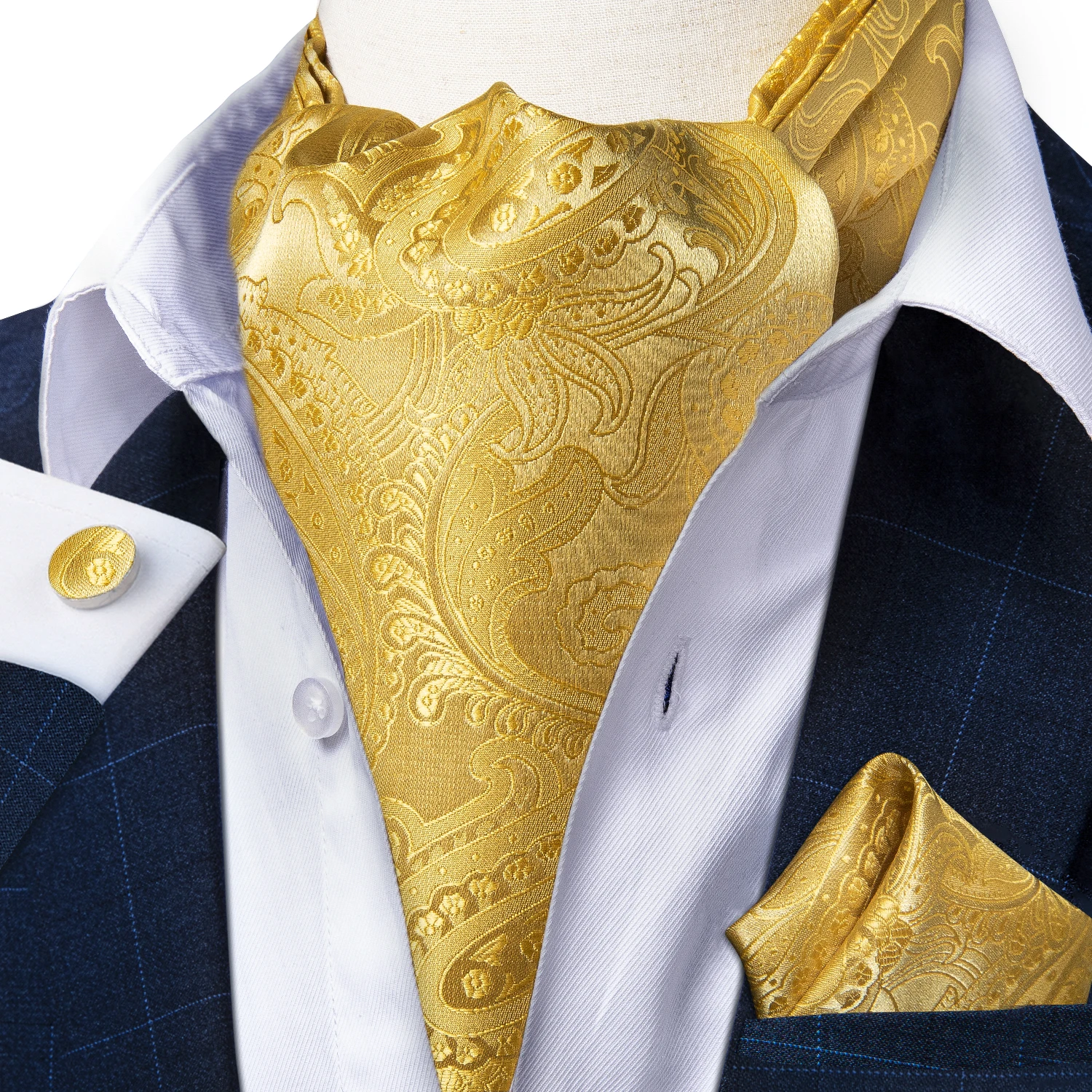 DiBanGu Jacquard Cravat 3pc Set Yellow Paisley Woven Ascot Tie Cufflinks Pocket Square Men\'s Fashion Casual Scarves Accessories
