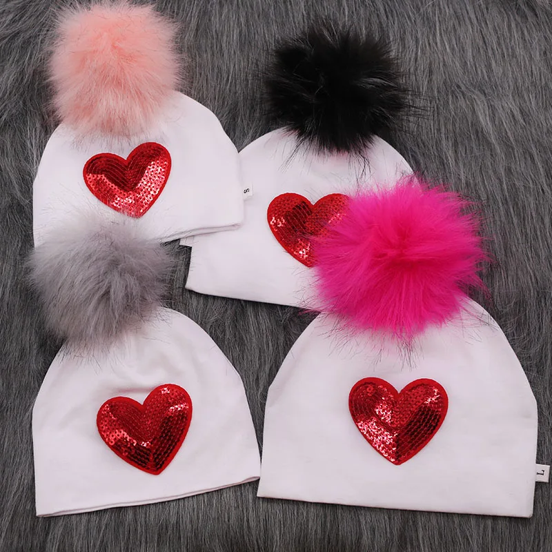 

Newborn Baby girl Faux Fur pompom hat Cotton Baby hat Beanies New Intant Girl Toddler Heart kids hat baby photography props