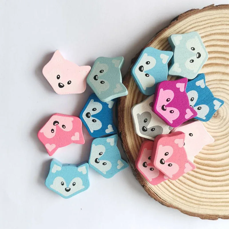 20 Pcs Clorful Fox Shaped Wooden Beads And Chips DIY Handmade Natural Environmentally Friendly Jewelry Baby Toy Accessories