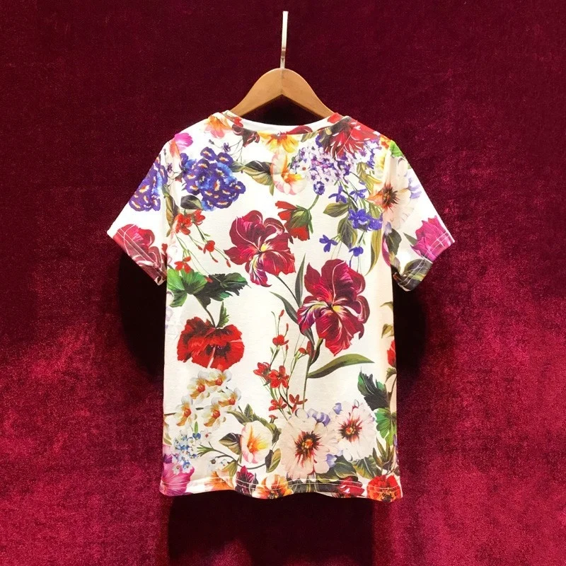 

Street High Summer Vintage Printed Flowers T-Shirts Women Loose Fit O-Neck Short Sleeve Pullover Tops Female Beading Luxury Tees