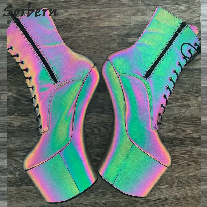 Sorben Luminous Light Reflect Boots No Heels Drag Queen Stripper Heels Hoof Shoes Lace Up Iridescence Shoes Multi Colors