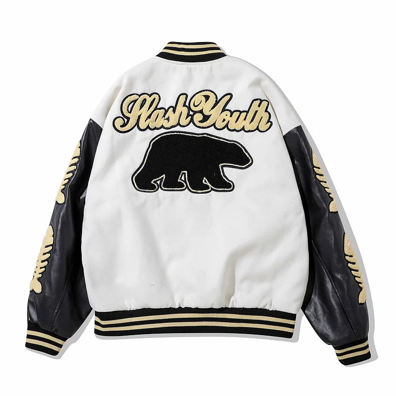 MINDYGOO High Quality Custom Logo Factory Embroidered Leather Sleeves Vintage Baseball Jerseys Patchwork Jackets For Women