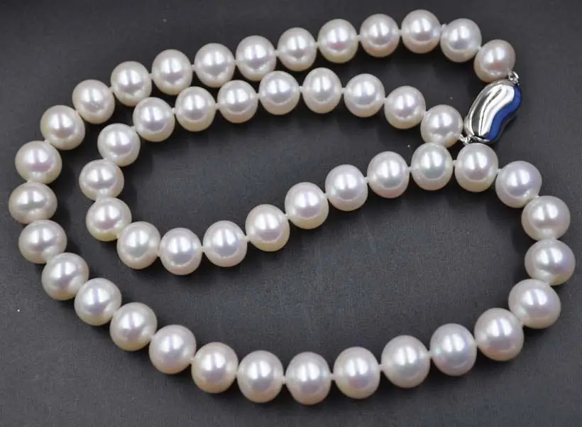 

GORGEOUS very luster 9-10mm white real pearl necklace s925 silver clasp