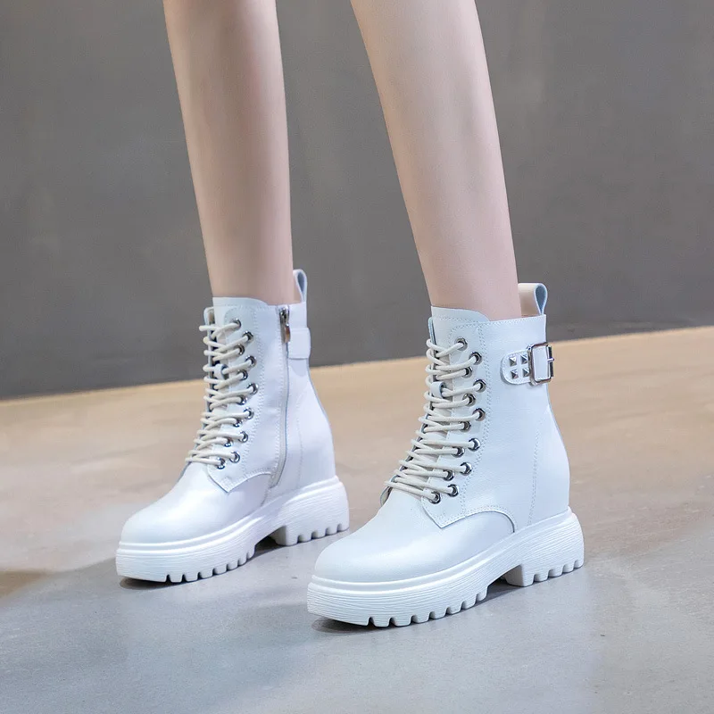 women's fashion party banquet dress platform boots genuine leather shoes black white boot lace-up ladies ankle botas de mujer