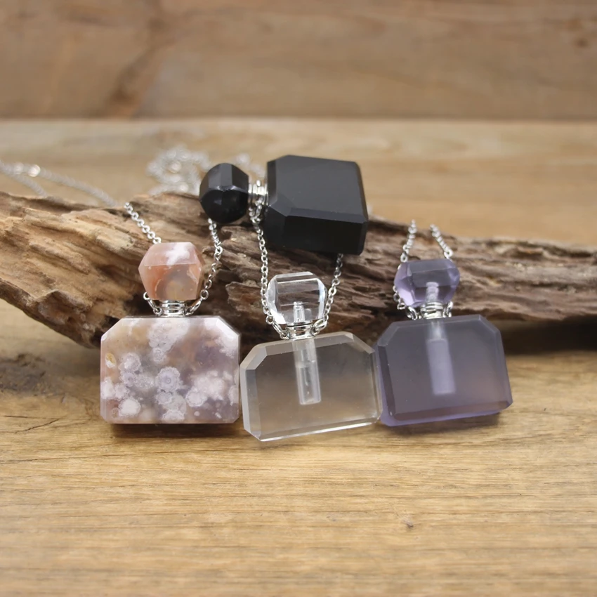 Natural White Crystal Obsidian Sakura Agates Perfume Bottle Pendants Stone Necklace Essential Oil Diffuser Jewelry QC1131