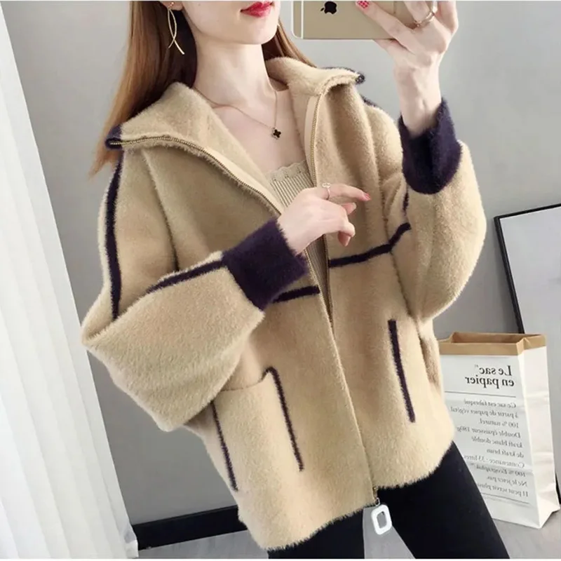 2022 Autumn Winter New Women\'s Short Coat Mink fleece Sweater Cardigan Women Korean Zipper Knitted Jacket Overcoat Abrigo Mujer