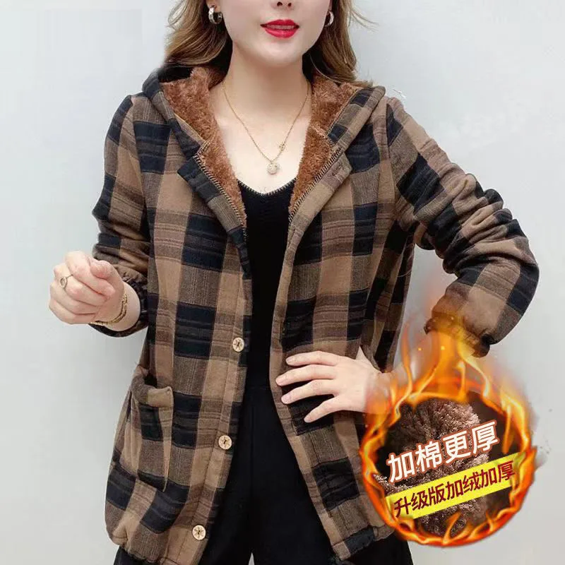2022 New Hooded Autumn Winter Ladies Jacket Fashion Add Velvet Short Women\'s Coatlattice Single-Breasted Loose Outerwear