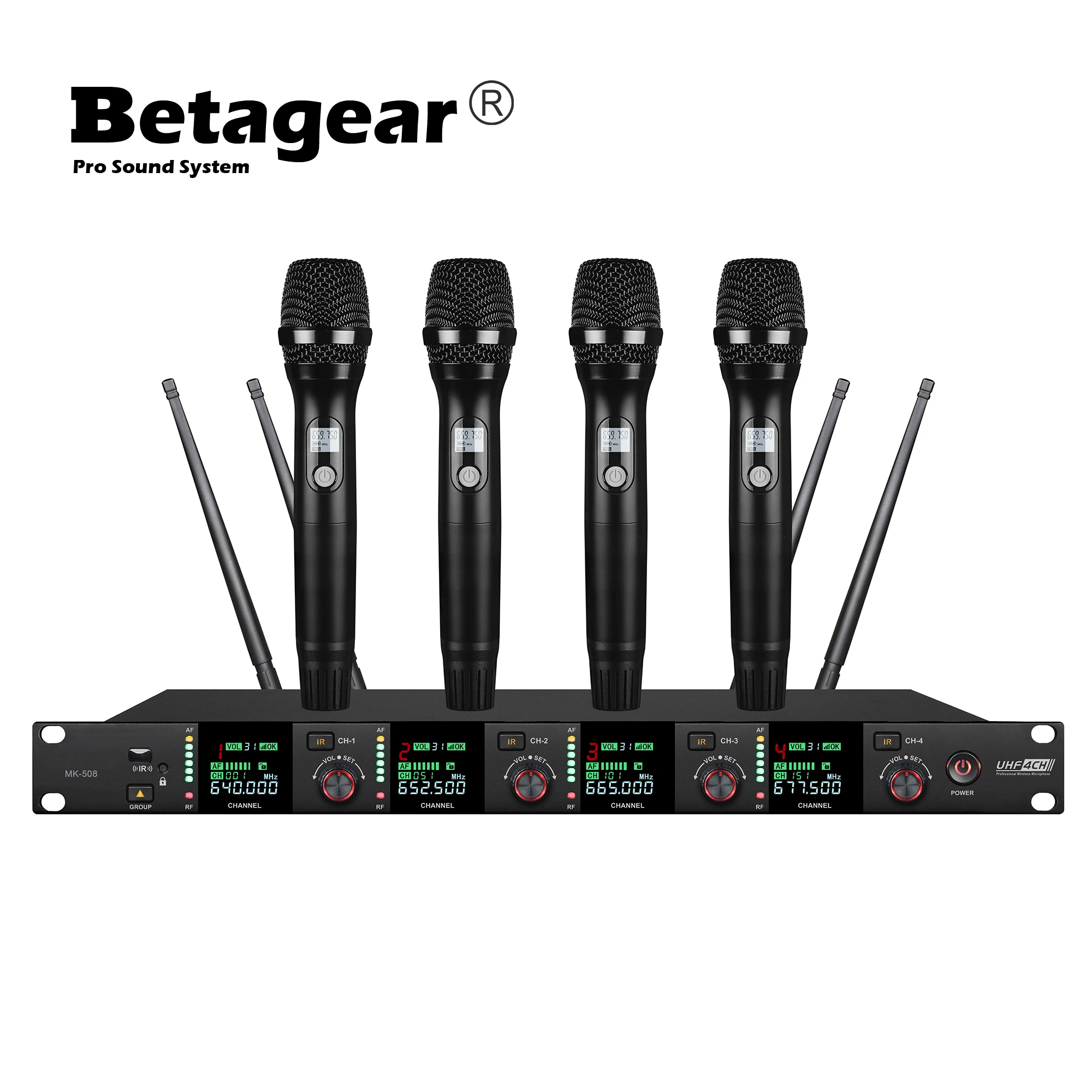 Betagear MK508 Professional  Wireless Microphones  UHF 4 Channel Karaoke System  Optional Frequency Range 500MHZ~900MHZ