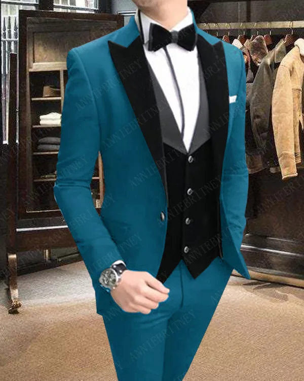 ANNIEBRITNEY Men Velvet Vest Suits Peacock Blue Wedding Groom Tuxedo For Men Suits Custom Made Prom Best Man Wear Blazer 3 Piece