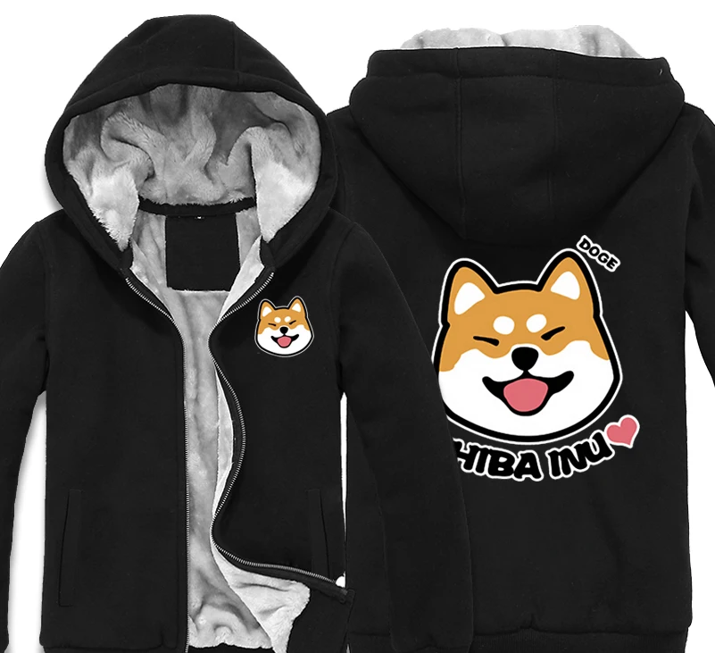 Japan Anime Doge Shiba Inu Thick Fleece Mens Outwear Big Yards Cotton Hoodie Coat Jacket Parkas Warm