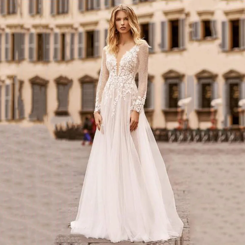 Lange Ärmel Hochzeit Kleid Spitze Appliques Tüll Backless Braut Kleid Prinzessin Hochzeit Kleider Boho