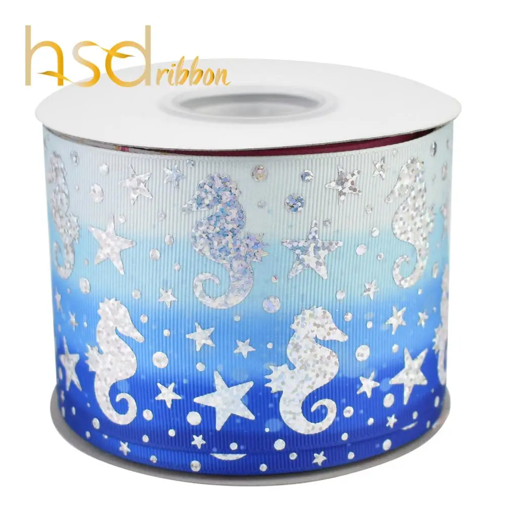 HSDRibbon 75mm 3inch hsd-design custom Seahorse Pattern Silver Foil on HT Grosgrain Ribbon