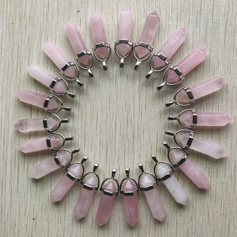 Fashion Good quality natural rose quartz stone pink pillar crystal pendants for jewelry making 24pcs/lot Wholesale fast shipping