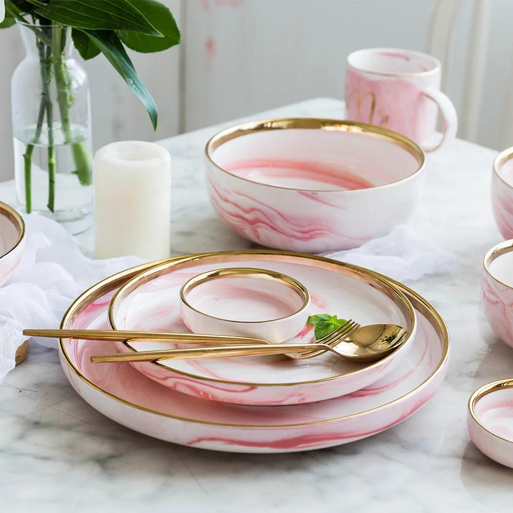 Pink Marble Glazes Ceramic Plate Western Steak Salad Dinner Plates Bowl Tableware Breakfast Dessert Dishes Home Decor Plates