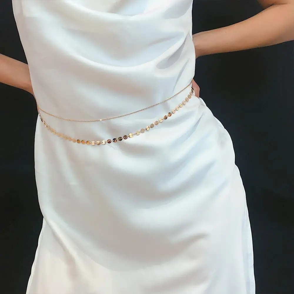 Women Bridal Metal Belly Waist Belt Geometric Discs Sequins Adjustable Body Chain Beach Bikini Evening Dress Jewelry Accessories