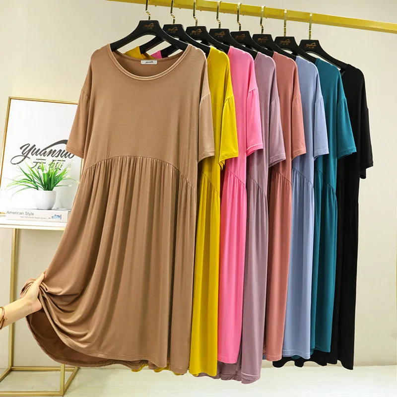 Camisones de manga corta para mujer, vestido plisado, suelto, coreano, talla grande, negro, Verano