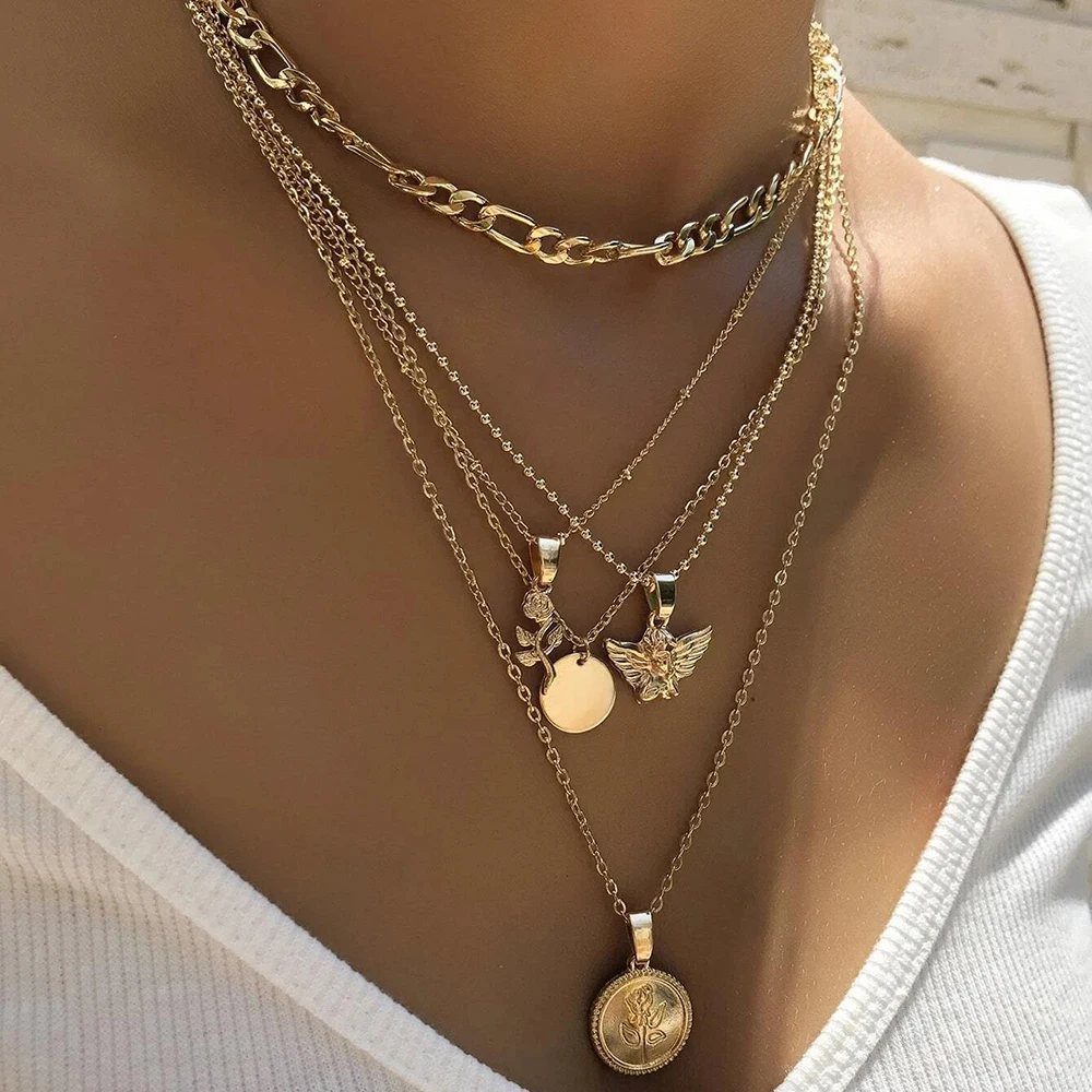 Vintage Multilayer Metal Chain Pendant Necklace for Women Bohemian Coin Flower Angel Collar Pendant Necklace Jewelry Gift