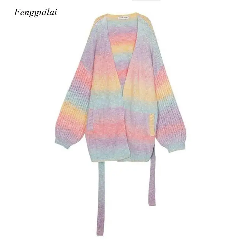 Rainbow Sweater Women Winter Sweet Knitted Female Loose Casual Kawaii Japanese Korean Knitted Coat 2021