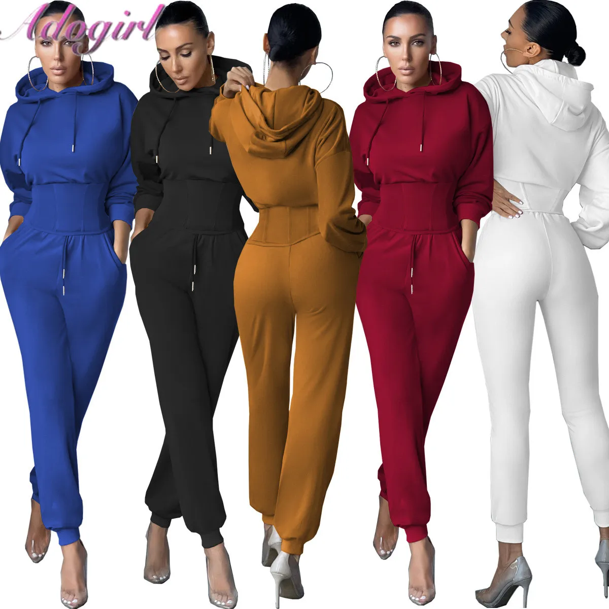 

Fitness Woman Two Piece Set Workout Tracksuit Solid Long Sleeve Corset Hoodies Drawstring Sweatpants Outfit Sporty Matching Set