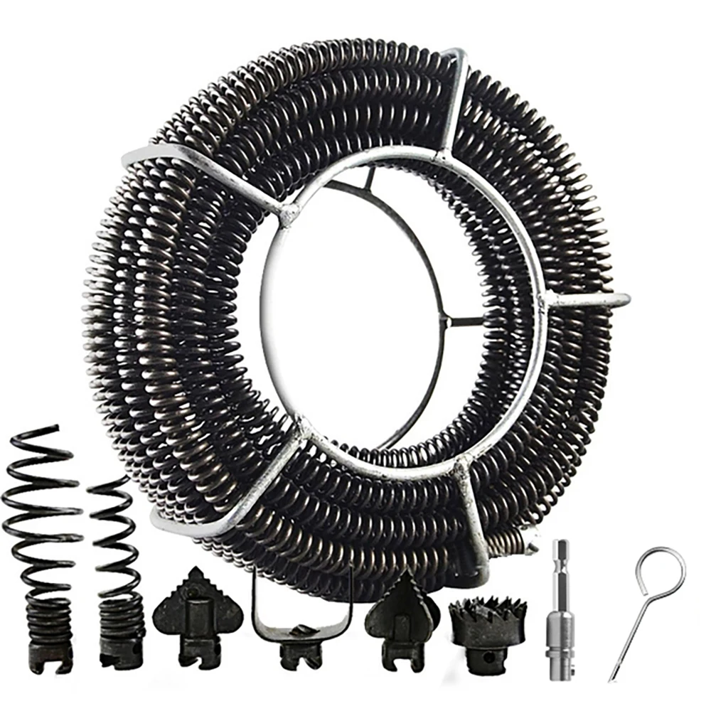 15M Length Household Drain Pipe Dredger Extension Spring Set Sewer Dredger Compression Spring With Connector For 10-100MM Pipe