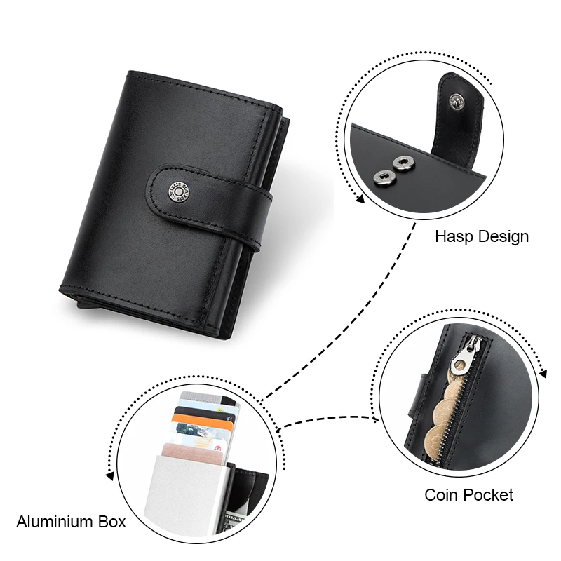 CONTACT'S Business Card Holder Genuine Leather Wallet Men Credit Card Case for Man Aluminium Box RFID Blocking Small Coin Purse