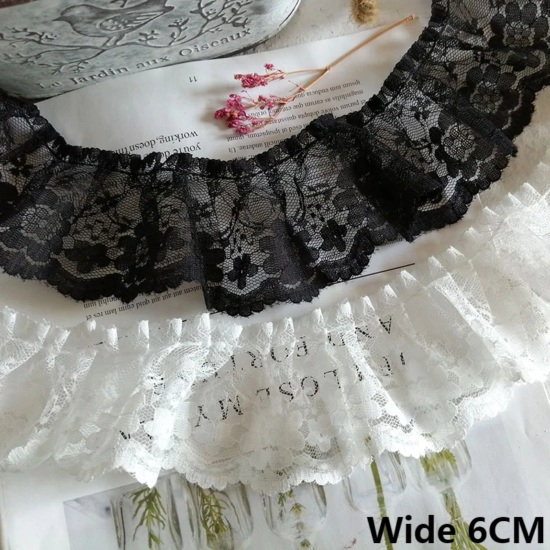 6CM Wide Luxury Tulle White Black Mesh Pleated Lace Material Embroidery Flowers Guipure Lace Fabric Skirts Clothing Sewing Decor