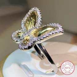 925 Sterling Silver Atmospheric Two-Color Butterfly White Zircon Ring Gold Bow For Ladies Party Outing Jewelry Gift