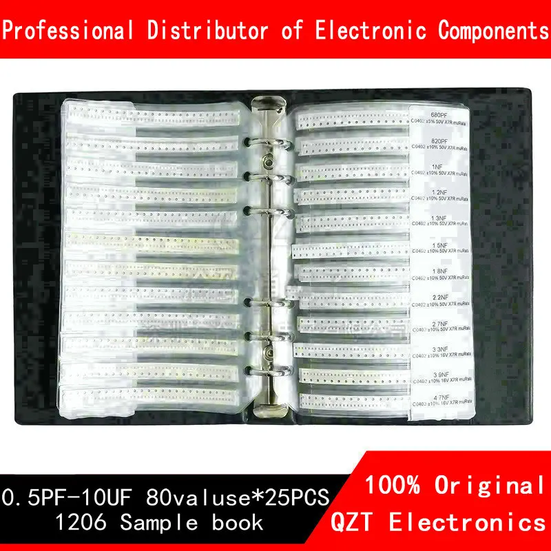 1206 SMD Capacitor Sample Book 80valuesX25pcs=2000pcs 0.5PF~10UF Capacitor Assortment Kit Pack