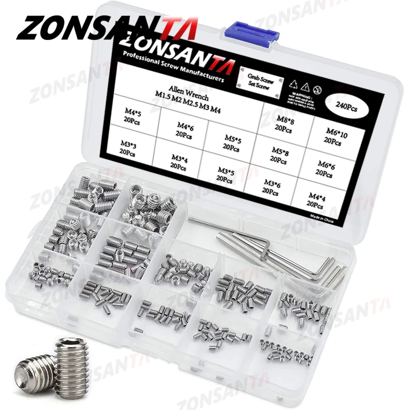 ZONSANTA 240 Pcs Grub Screw M3 M4 M5 M6 Set Screw Hex Socket Bolt Kits in Box A2 304 Stainless Steel Door handles Faucet Bolts