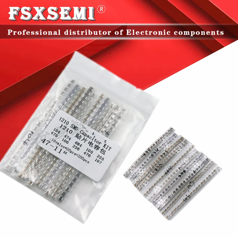 10values*20pcs=200pcs 1210 SMD Capacitor assorted kit 100nF~100uF Samples Kit electronic diy kit