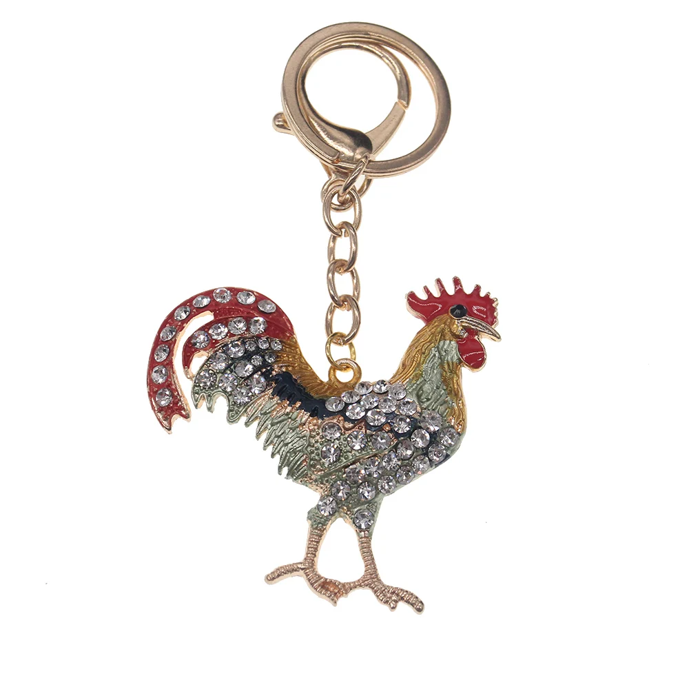 Luxury Rhinestone Crystal Rooster Keychain Enamel Animal Cock Pendant Keychain For Men