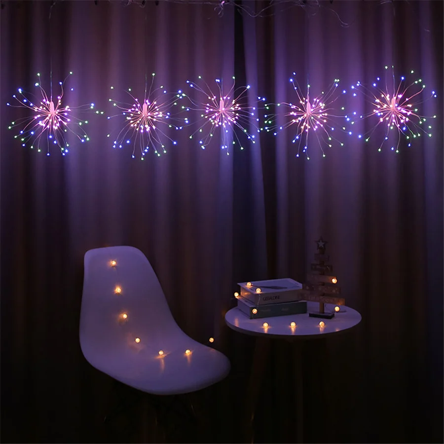 EU Plug 5/10PCS Christmas Hanging Starburst String Lights 8 Modes Firework Fairy Garland Lights for Garden Party Wedding Decor