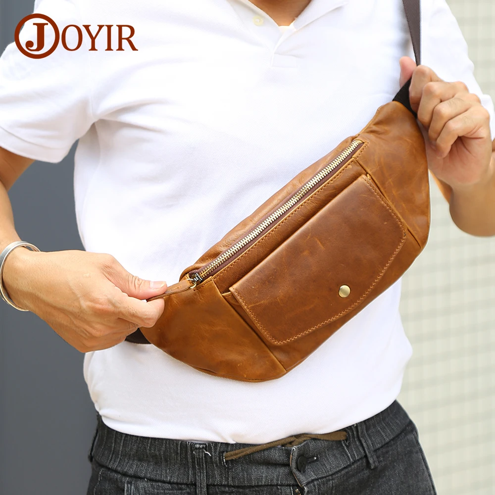 JOYIR Crazy Horse Leather Men Waist Bag Casual Fanny Pack Male Waist Pack for Cell Phone Belt Pouch Hip Bum Bag Travel Chest Bag