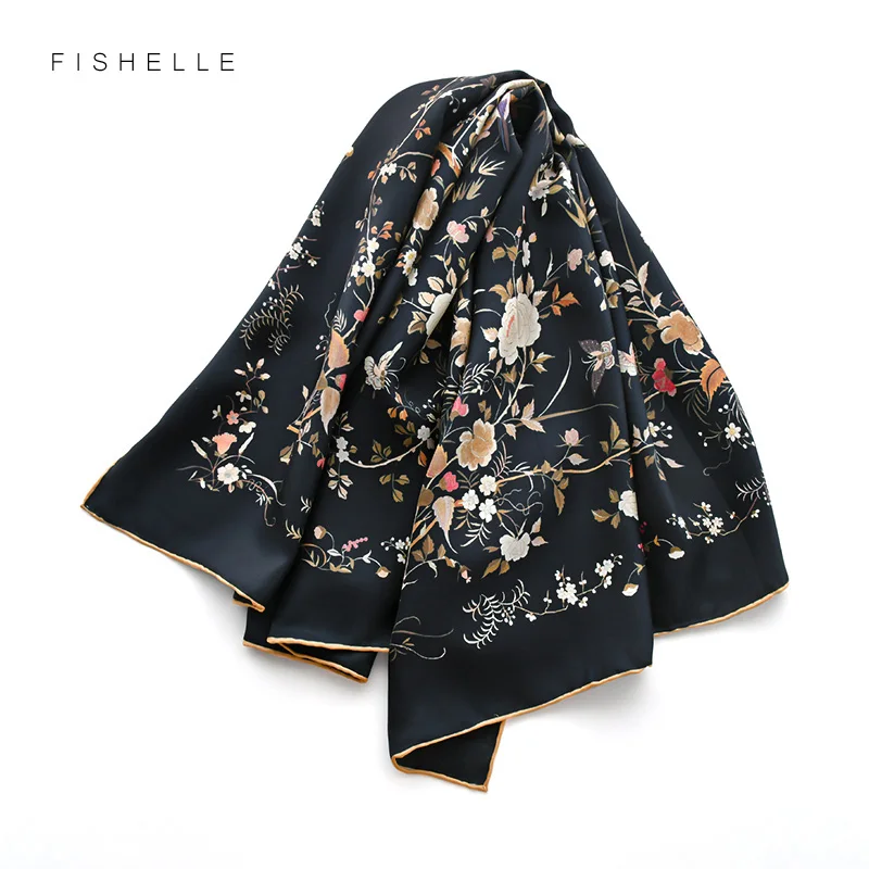 Chinese classic black natural twill silk scarf 90cm printed birds100% real silk scarves women luxury bandana shawl gift for lady