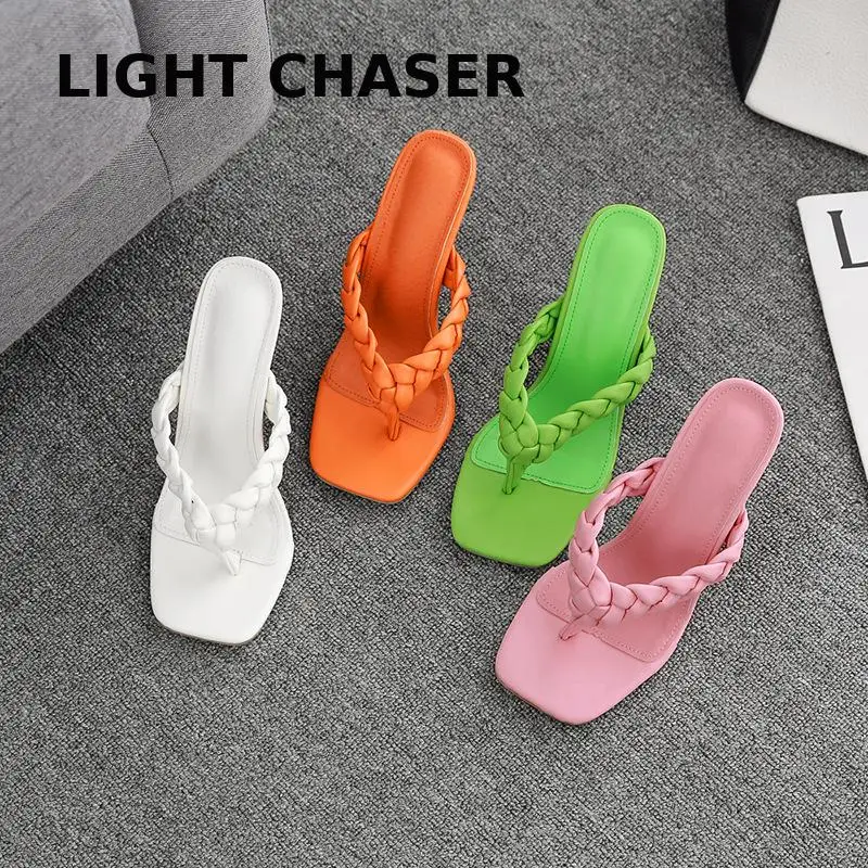 Summer Fashion Woven Candy-colored Flip-flops With Square Toe Sandals And Slippers Women's Open-toed Large Size Stiletto Heels