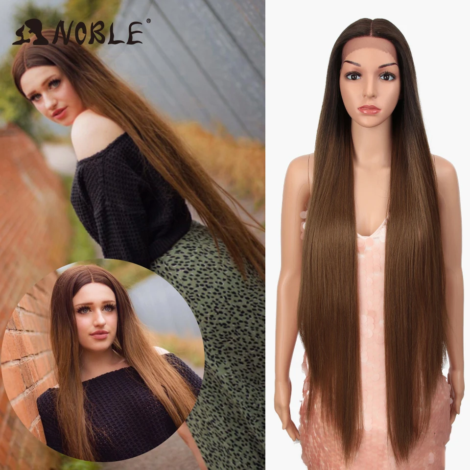 Perruque Lace Wig synthétique lisse 38 pouces-Noble, perruque de cosplay blonde ombrée pour femmes noires