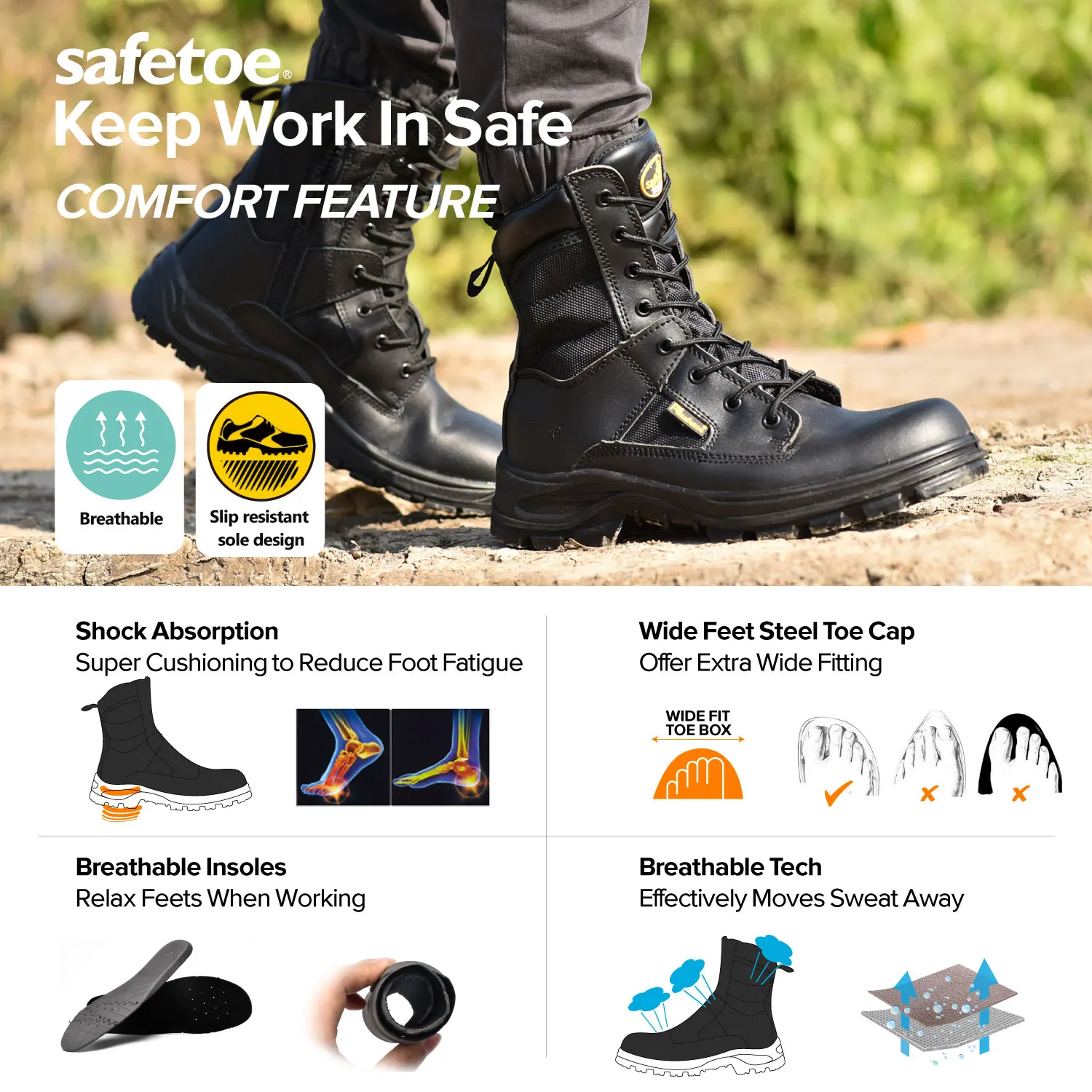 Safetoe Safety Shoes Mens Work Boots Metal-Free Composite Toe Steel Plate Breathable Anti-Abrasion Waterproof Hiker