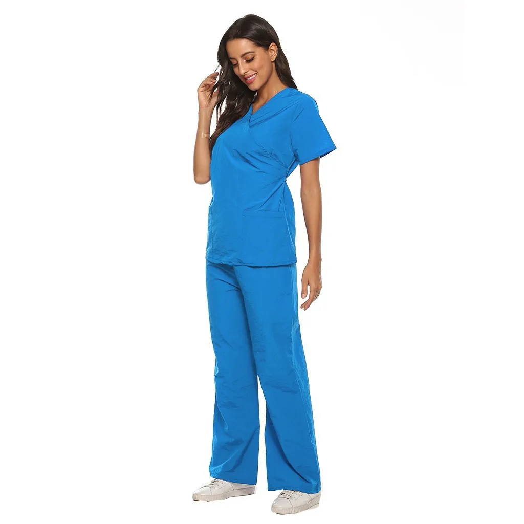 2021New Summer Women Short Sleeve V-neck Tops+Pants Nursing Working Uniform Set Suit Protective Clothes Sets Uniforms  Подходить