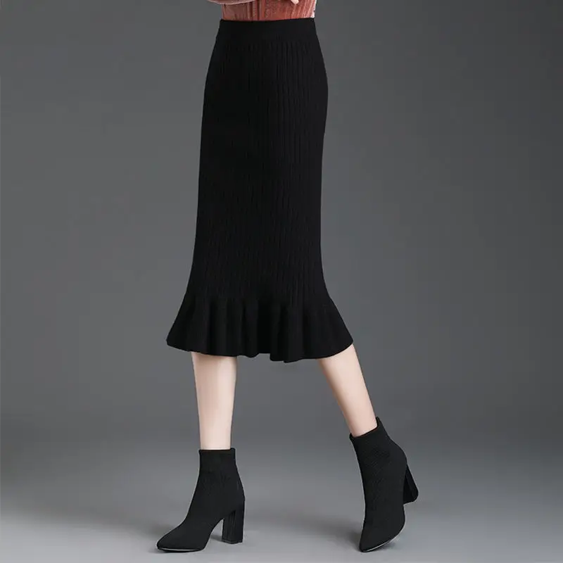 Women's Skirt Knitted High Waist Ruffles Mermaid Skirt Casual Commuter Bag Hip Midi Skirt Office Lady Solid Elastic Pencil Skirt