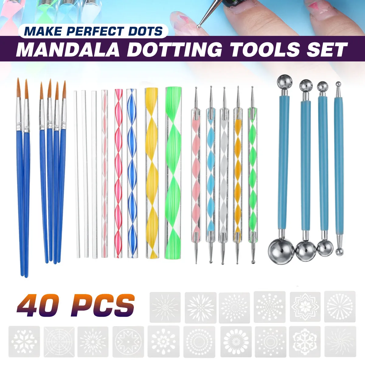 Juego de Herramientas de punteado de Mandala para mujer, pinceles acrílicos, varillas de Color, para pintar rocas, dibujar y dibujar, 40 Uds.