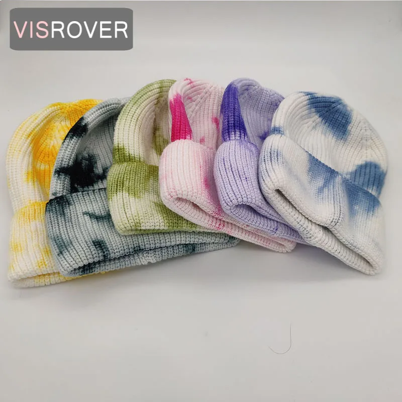 VISROVER 6 colors solid acrylic beanies winter hat for woman acrylic tie-dye hat woman Autumn Warm skullies gift Wholesales