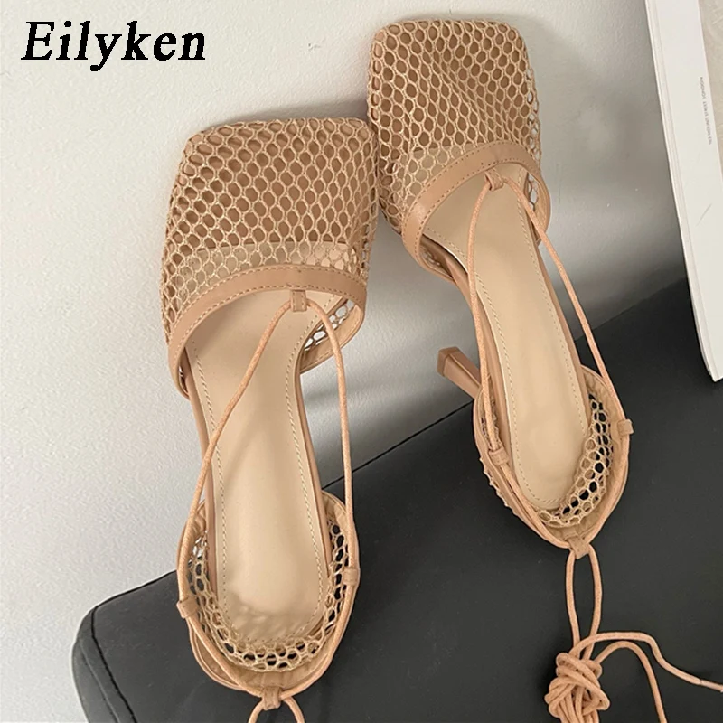 Eilyken 여성용 섹시한 화이트 할로우 메쉬 펌프스 샌들, 스퀘어 토 하이힐, 발목 레이스 업, 크로스 타이 파티 드레스, 여성 신발, 신제품